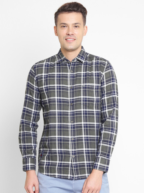 

Crimsoune Club Men Olive Green & Navy Blue Slim Fit Checked Casual Shirt
