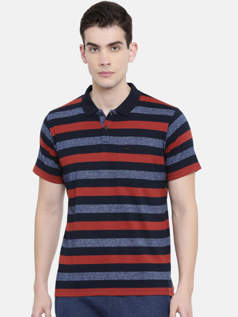 

Proline Men Navy Blue & Red Striped Comfort Fit Everfresh Polo Collar T-shirt