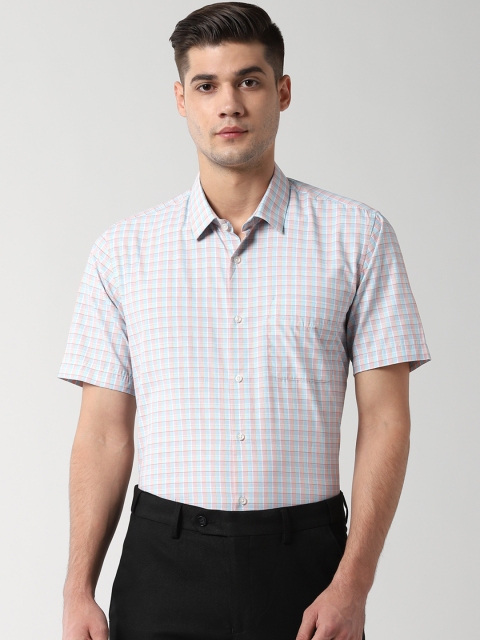 

Peter England Men Peach-Coloured & Blue Regular Fit Checked Formal Shirt