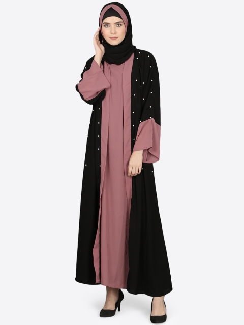 

NAZNEEN Women Mauve & Black Colourblocked Abaya With Hijab