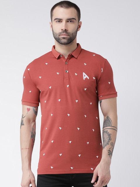 

Rex Straut Jeans Men Rust Orange Printed Slim Fit Polo Collar T-shirt