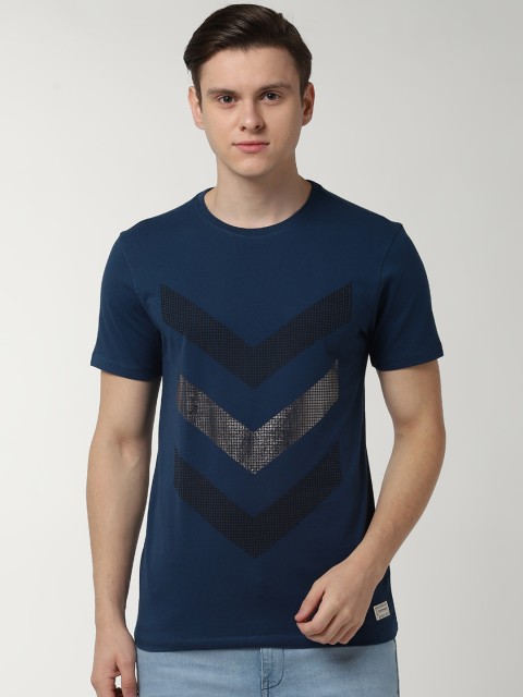 

Peter England Casuals Men Navy Blue Striped Round Neck Slim Fit T-shirt