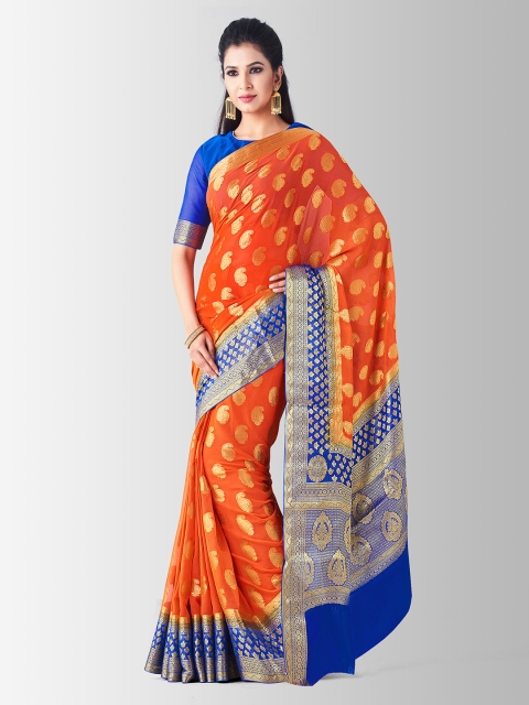 

MIMOSA Orange & Blue Poly Chiffon Woven Design Kanjeevaram Saree