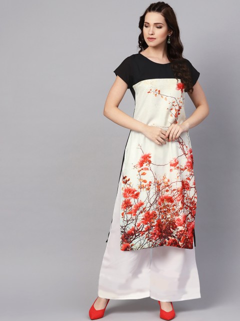 

Ishin Women Off-White & Black Floral Printed Straight Kurta