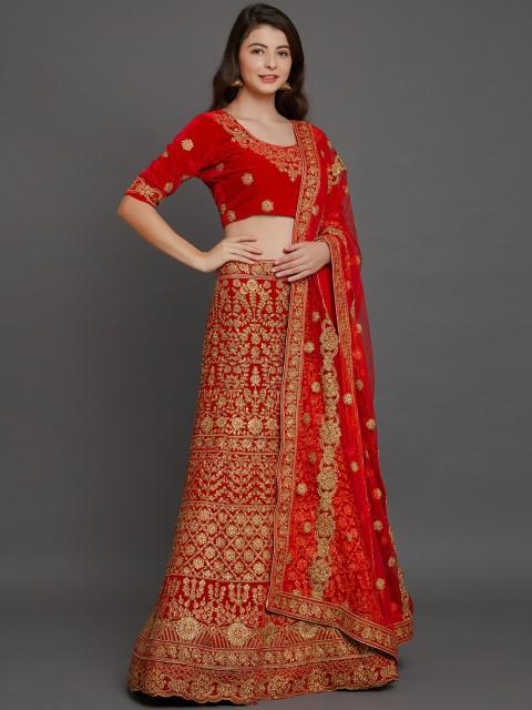 

Mitera Women Red Semi-Stitched Embellished Lehenga & Blouse with Dupatta