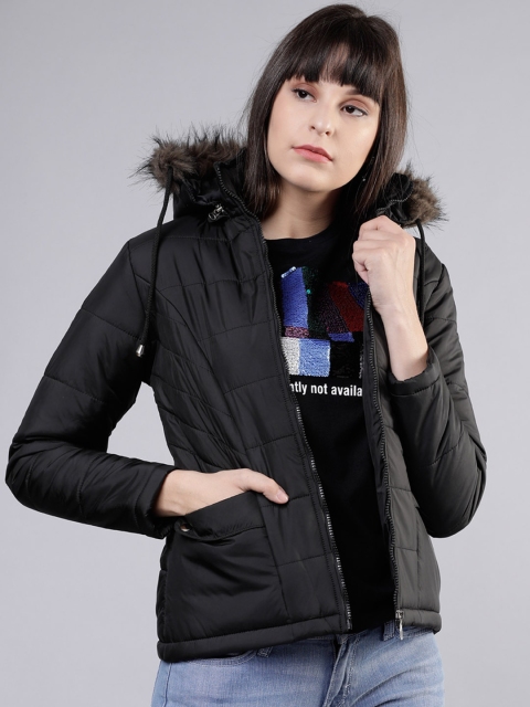 

Tokyo Talkies Women Black Solid Faux Fur Hooded Padded Jacket