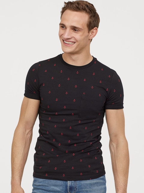 

H&M Men Black Patterned T-shirt Muscle Fit