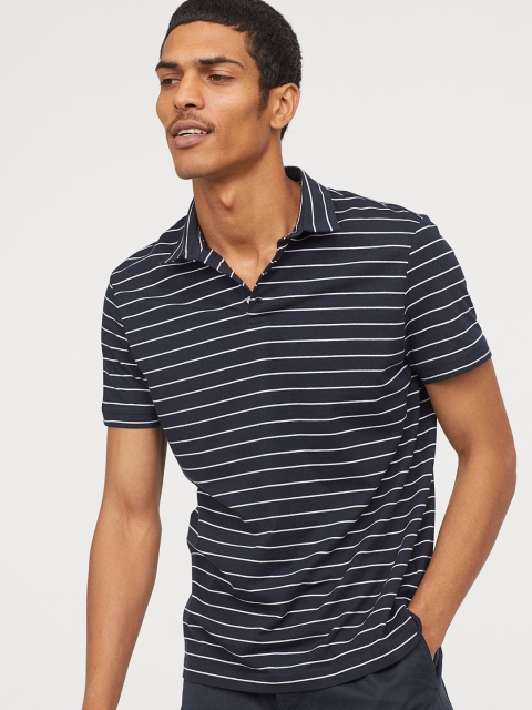 H&M Men Navy Blue & White Striped Polo Shirt Slim fit