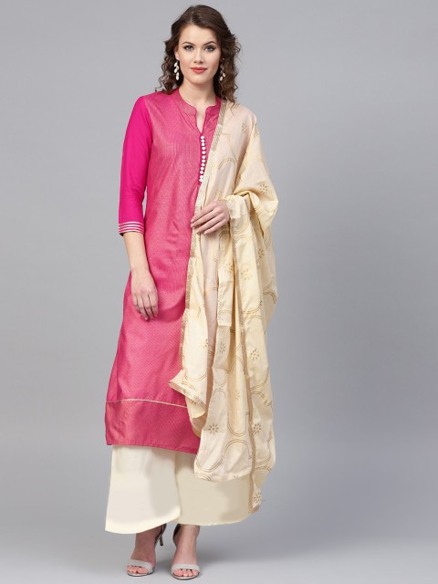 

Ishin Women Pink & Cream-Coloured Striped Straight Kurta With Dupatta
