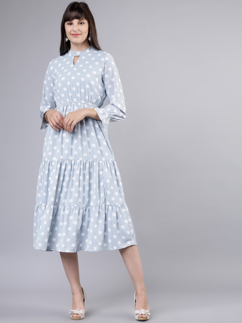 

Tokyo Talkies Women Blue & White Polka Dots Print Fit and Flare Dress