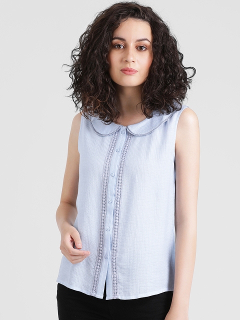 

Zink London Women Blue Self Design Shirt Style Top