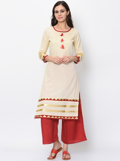 

ZIYAA Women Beige & Red Printed Kurti with Palazzos