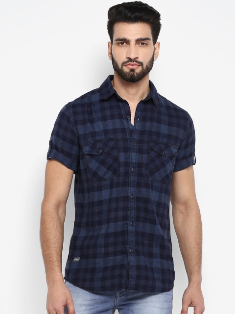 Mufti Men Blue Regular Fit Checked Casual Shirt