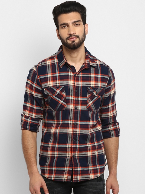 

Mufti Men Navy Blue & Red Regular Fit Checked Casual Shirt