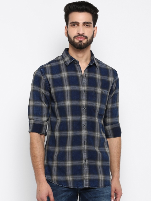 

Mufti Men Blue & Black Regular Fit Checked Casual Shirt