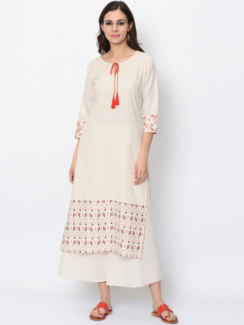 

ZIYAA Women Cream-Coloured Solid Kurta with Palazzos
