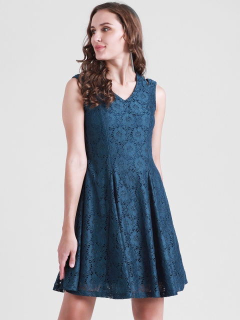 

Zink London Women Teal Blue Self Design Fit and Flare Dress