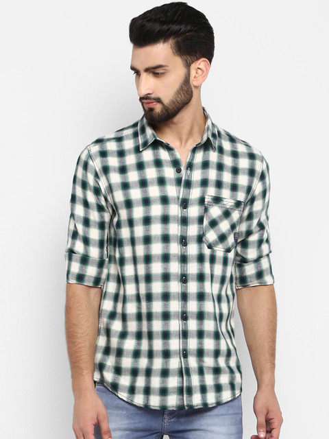 

Mufti Men White & Green Regular Fit Checked Casual Shirt