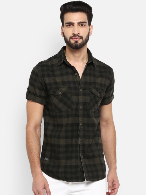 

Mufti Men Olive Green Regular Fit Checked Casual Shirt