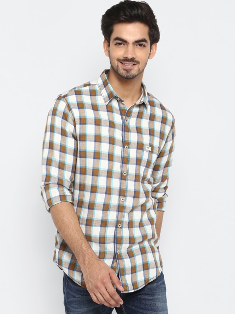 

Mufti Men Off-White & Olive Green Regular Fit Checked Casual Shirt