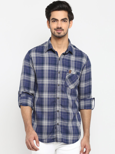 

Mufti Men Blue & Grey Regular Fit Checked Casual Shirt