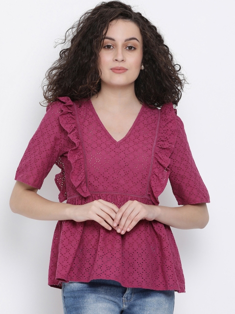 

Oxolloxo Women Pink Self Design Peplum Pure Cotton Top