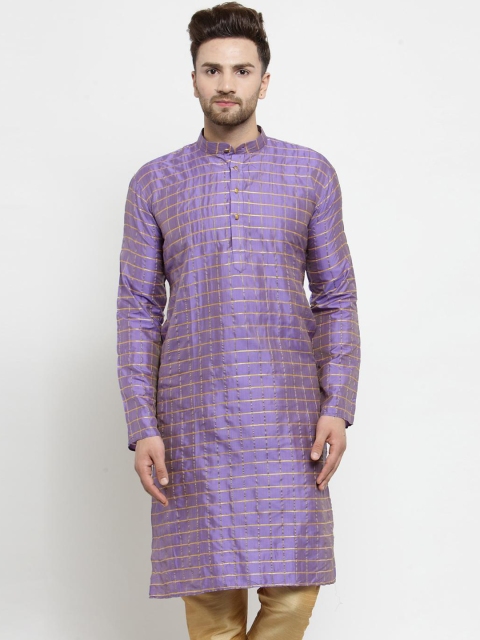 

SOJANYA Men Purple & Gold-Toned Checked Straight Kurta