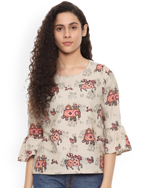 

People Women Beige Printed Pure Cotton Top