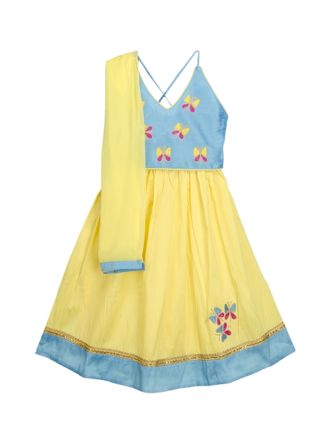 

KID1 Girls Yellow & Blue Embroidered Ready to Wear Lehenga & Blouse with Dupatta