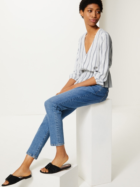 

Marks & Spencer Women White & Navy Blue Striped Cinched Waist Top