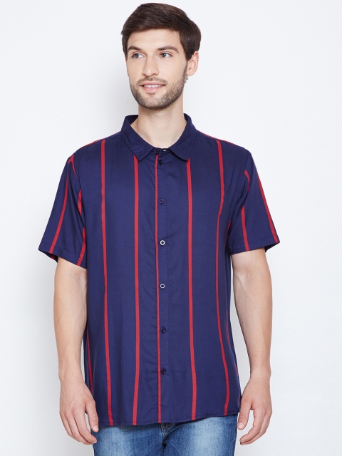 

Oxolloxo Men Navy Blue Regular Fit Striped Casual Shirt
