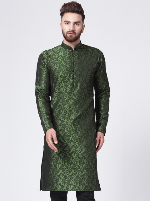 

Jompers Men Green & Black Woven Design Straight Handloom Kurta