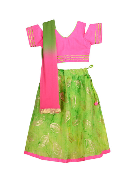 

KID1 Girls Pink & Green Embellished Ready to Wear Lehenga & Blouse with Dupatta