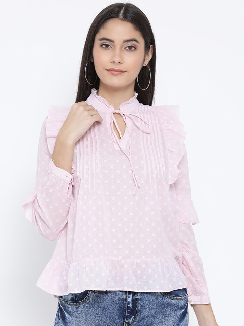 

Oxolloxo Women Pink Self Design A-Line Pure Cotton Top