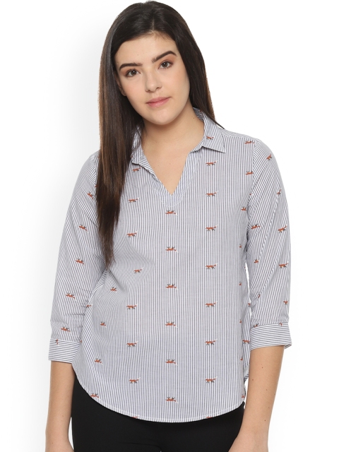 

Van Heusen Woman Grey Striped Pure Cotton Shirt Style Top with Fox Print Detail