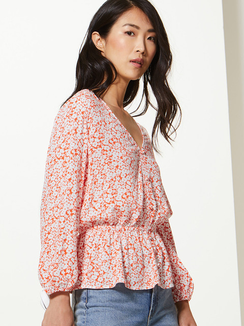 

Marks & Spencer Women White Floral Print Cinched Waist Top