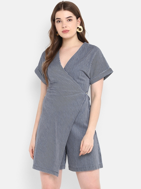 

FOSH Blue Striped Playsuit, Navy blue