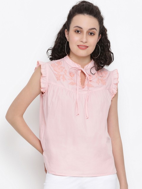 

Oxolloxo Women Pink Solid Pure Cotton A-Line Top