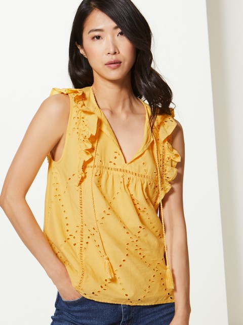 

Marks & Spencer Women Yellow Schiffli Embroidered A-Line Pure Cotton Top