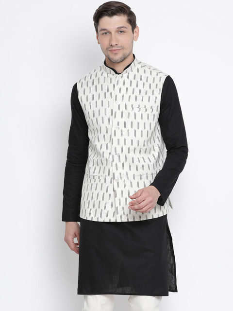 

VASTRAMAY Men White Woven Design Pure Cotton Nehru Jacket