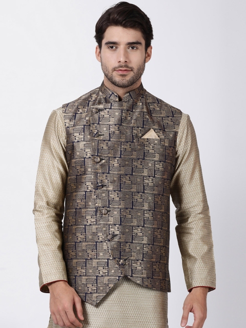 

VASTRAMAY Men Black & Grey Woven Design Nehru Jacket
