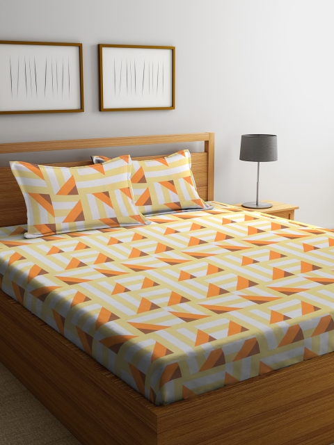 

BOMBAY DYEING Yellow & White Geometric 144 TC Cotton 1 Queen Bedsheet with 2 Pillow Covers