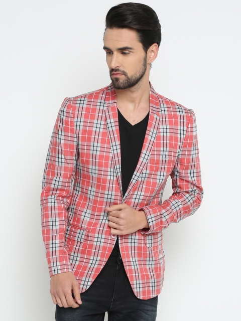 

SHOWOFF Men Coral Pink & Grey Checked Slim-Fit Single-Breasted Blazer