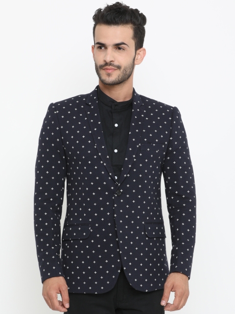 

SHOWOFF Men Navy Blue Printed Slim-Fit Single-Breasted Pure Cotton Blazer