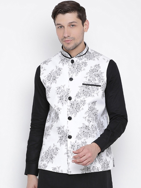 

VASTRAMAY Men White Printed Pure Cotton Nehru Jacket