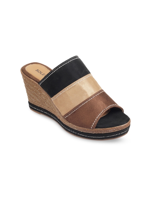 SOLE HEAD Women Brown & Black Colourblocked Mules