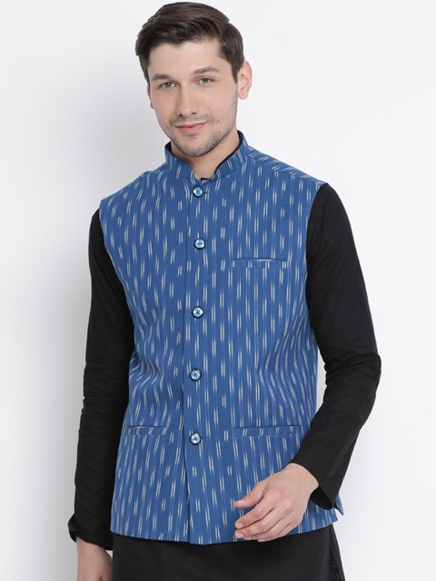 

VASTRAMAY Men Blue Woven Design Nehru Jacket