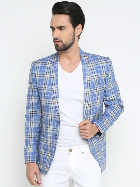

SHOWOFF Men Blue & Grey Checked Slim-Fit Single-Breasted Pure Cotton Blazer