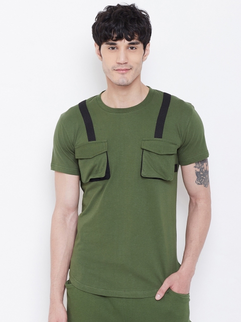FUGAZEE Men Olive Green Striped Round Neck T-shirt