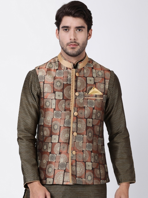 

VASTRAMAY Men Coffee Brown & Grey Woven Design Nehru Jacket